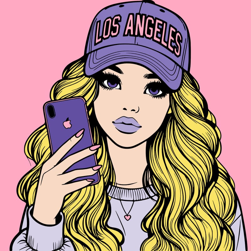 realistic beautiful girl wearing los ángeles cap holding an iphone