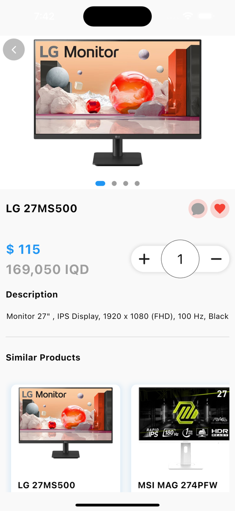 Darin Game - Product page for an LG 27-inch monitor within the Darin Game mobile shopping app