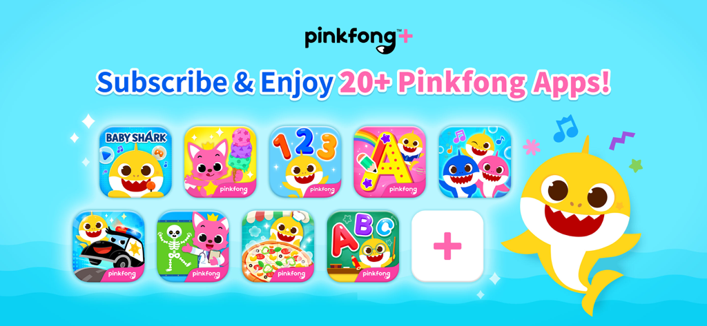 Pinkfong Tracing World - Promotional banner for Pinkfong Plus subscription featuring over 20 educational app icons and the Baby Shark character.