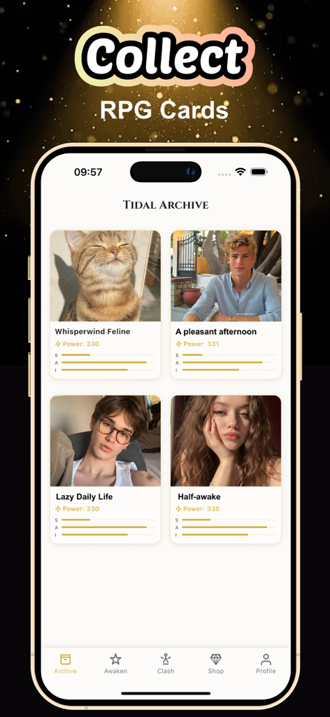 Tidal - Fun Game - La pantalla de archivo de la aplicación Tidal que muestra una colección de tarjetas de personajes de RPG personalizadas generadas a partir de fotos.