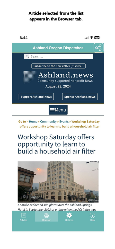 Screenshot of the Ashland Oregon News Dispatches app showing a news article in the browser tab.
