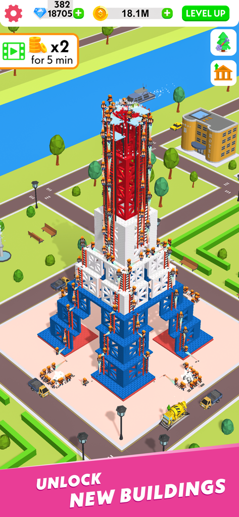 Captura de tela do jogo Idle Construction 3D mostrando trabalhadores construindo uma torre alta em um ambiente urbano