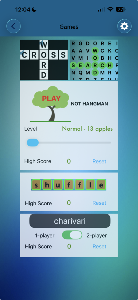 A selection of educational word games in the TurboWords Spelling app including crossword word search and hangman