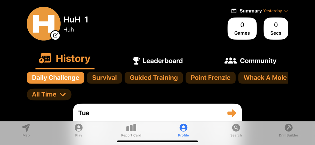 HeadsUpHockeyAI user profile dashboard displaying training history, statistics, and game modes