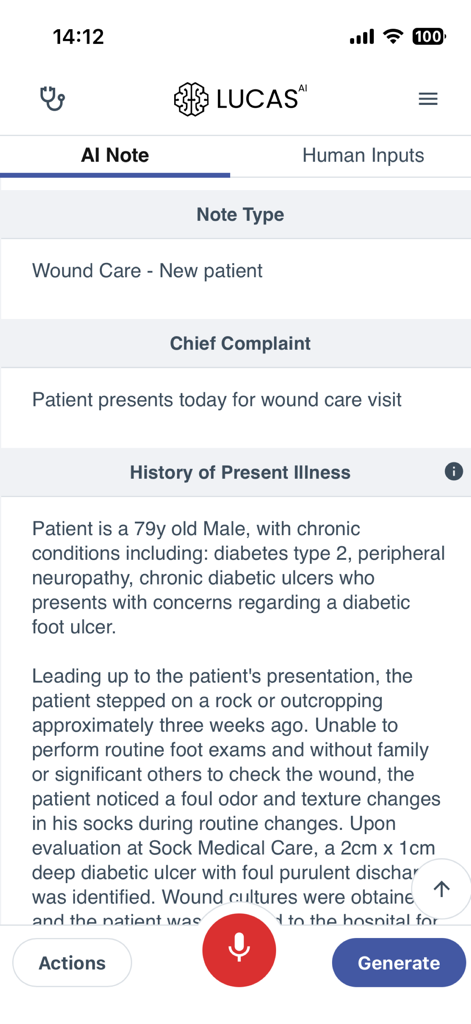 LucasAI - LucasAI app interface displaying an AI-generated clinical note for a wound care patient visit.