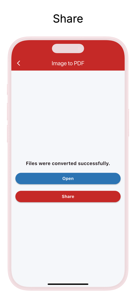 ファイルを開くか共有するオプションが表示された、画像からPDFへの変換成功画面