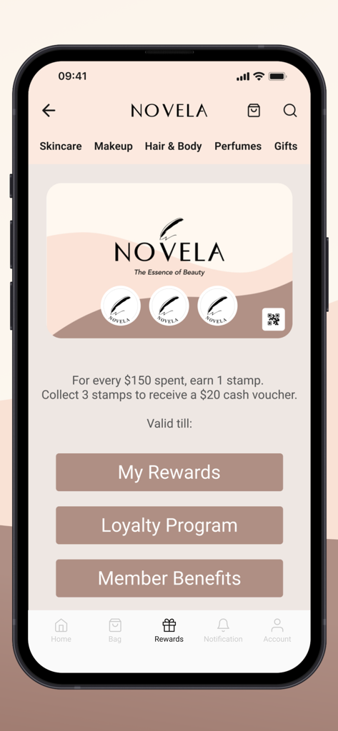 Novela – Shop Beauty & Makeup - Écran de récompenses de l'application beauté Novela montrant des tampons de fidélité numériques et les détails du programme de fidélisation