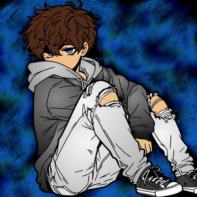 a male hoddie ripped jeans messy hair anime
