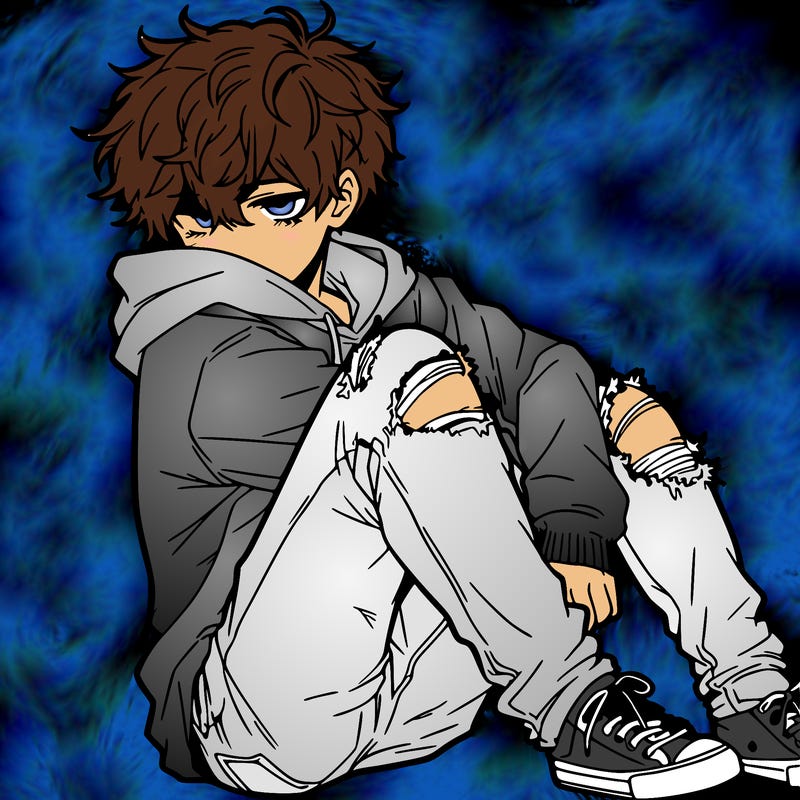 a male hoddie ripped jeans messy hair anime