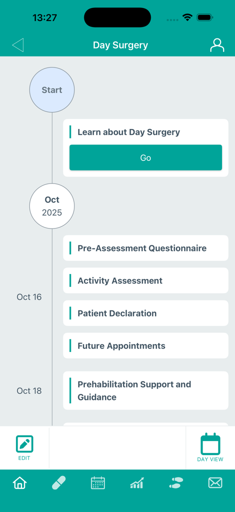CONNECTPlus - CONNECTPlus app interface showing a surgery pathway timeline with upcoming clinical tasks