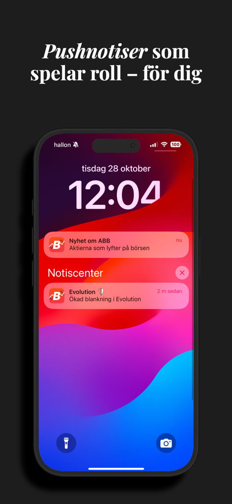 Börskollen: Aktier & Börsen - Notificaciones push del mercado de valores de la aplicación Börskollen en la pantalla de bloqueo de un iPhone.