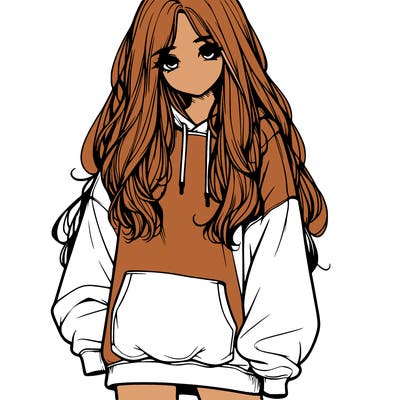 realistic girl with long hair and baggy sweat shirt