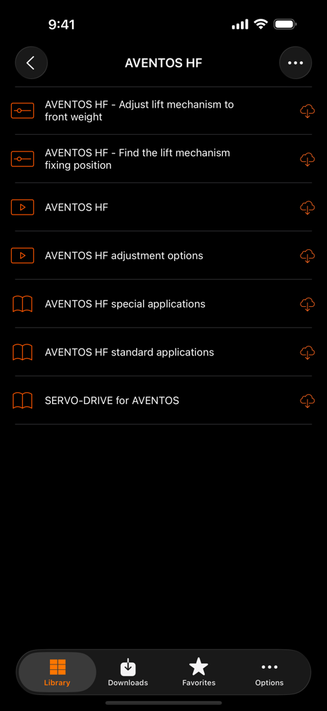 EASY ASSEMBLY - List of installation and adjustment instructions for AVENTOS HF hardware in the EASY ASSEMBLY app.