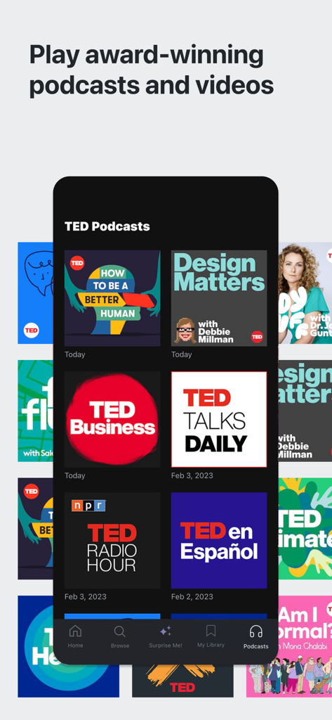 TED Talks: Watch and Learn - Interface do aplicativo TED exibindo vários podcasts educacionais e profissionais