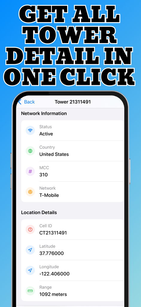 cellular signal strength - Interfaz de aplicación móvil que muestra información detallada de torres celulares, incluido el operador de red y las coordenadas GPS