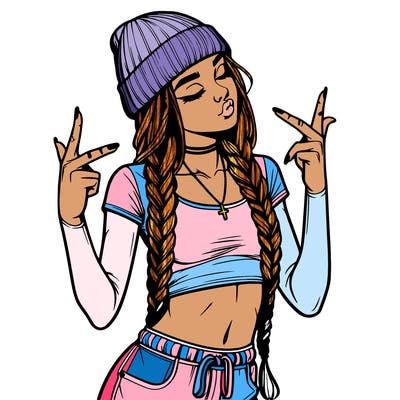 realistic teenage girl with braids and a beanie and crop top doing 🫶🏼