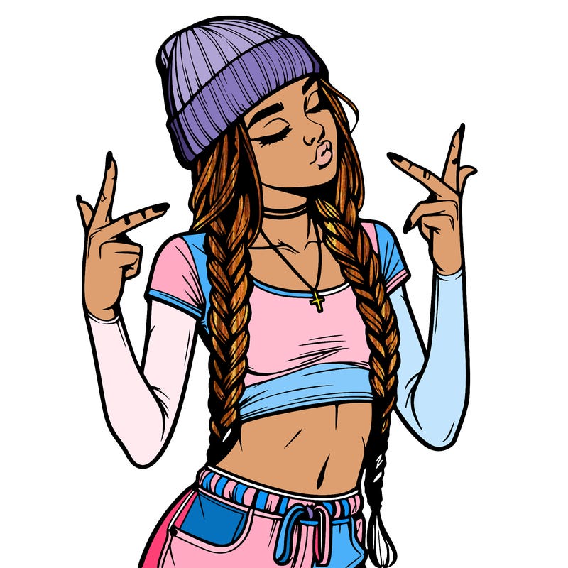 realistic teenage girl with braids and a beanie and crop top doing 🫶🏼