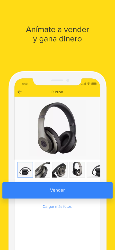 Mercado Libre: Compras Online - Interfaz de la aplicación Mercado Libre para vender productos online con imágenes de audífonos