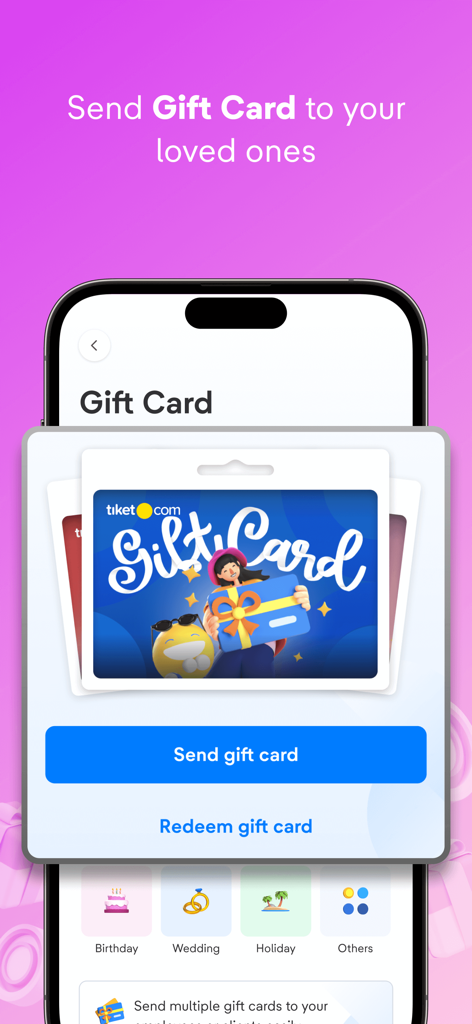 Interfaz de la aplicación tiket.com que muestra la función Enviar Tarjeta de Regalo para viajes y eventos.