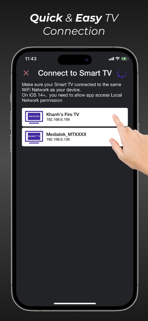 Universal TV Remote · Control - A mobile app interface displaying a list of available smart TVs on a local network for quick pairing and remote control.