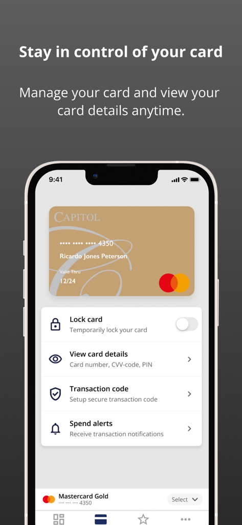 Capitol cards - Interface of the Capitol cards mobile app showing credit card management options like locking the card and setting spend alerts.
