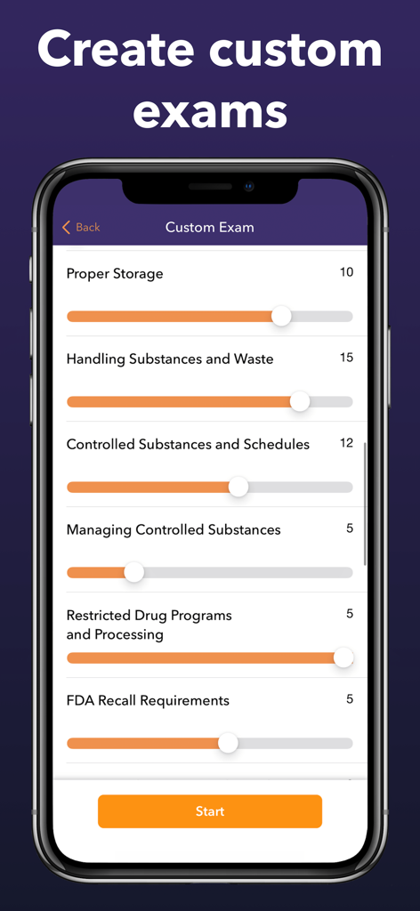 PTCB & PTCE Test Prep 2026 - Mobile screen for creating custom pharmacy technician exams with adjustable topic sliders for targeted study.