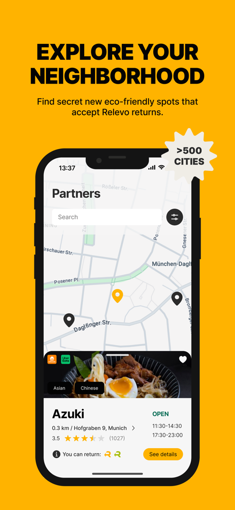 Relevo - Relevo app screen showing an interactive map to explore eco-friendly restaurants and return spots in your neighborhood.