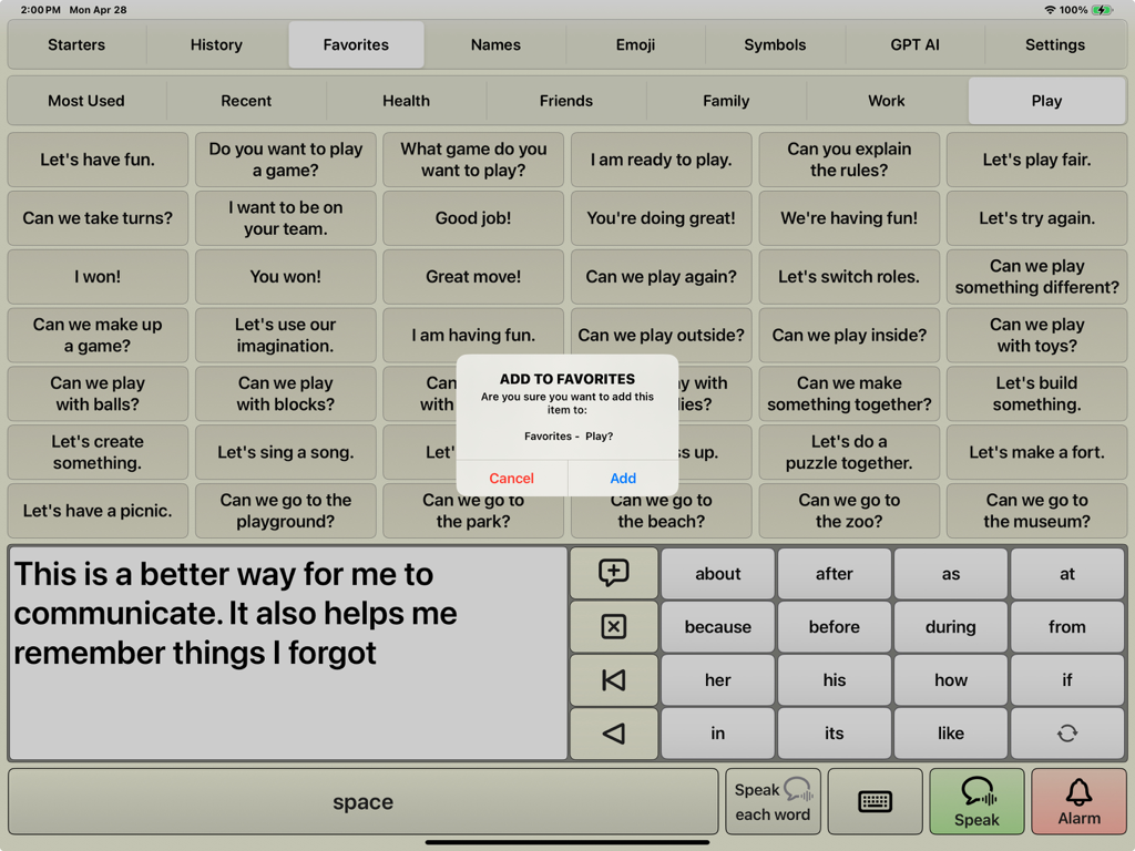 AI Communicator - AI Communicator iPad app interface showing speech-to-text phrase selection and favorites menu.
