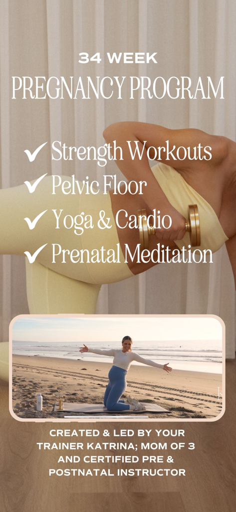 Katrina Scott가 진행하는 근력 운동, 골반저 운동, 산전 명상을 포함한 34주 임신 프로그램 기능을 표시하는 화면