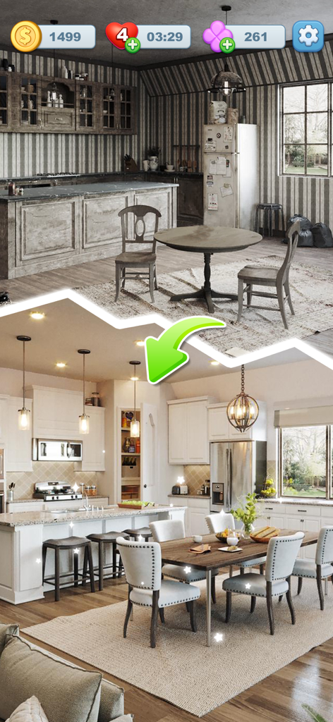 Comparación de antes y después de la renovación de una cocina en el juego Screw Frenzy ASMR Home.