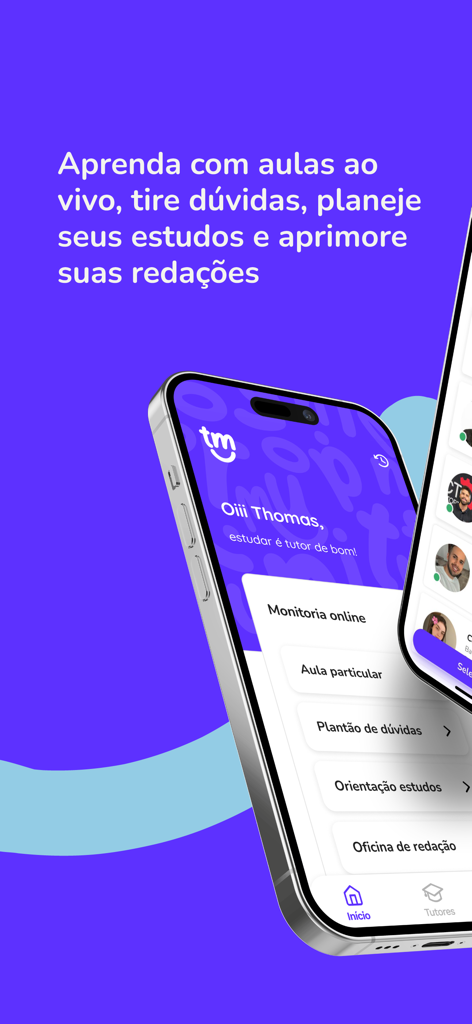 TutorMundi - Painel do aplicativo móvel TutorMundi em um smartphone mostrando opções de estudo como aulas particulares e oficinas de redação.