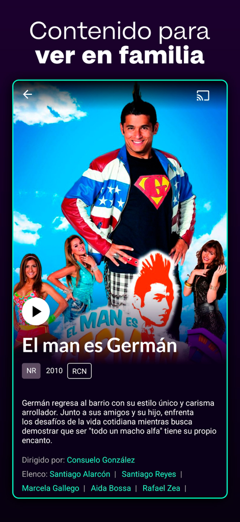 Canal RCN app screen showing show details for El man es German
