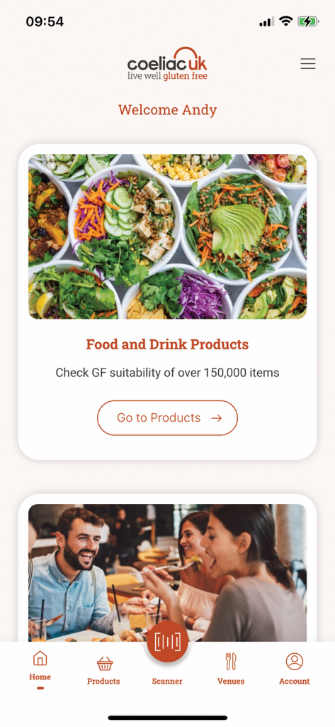グルテンフリー製品検索とバーコードスキャナーを表示するCoeliac UKアプリのホーム画面