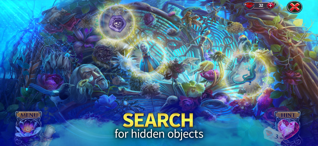 Black Lotus (F2P Adventure) - 花や動物が登場する詳細なファンタジーシーンで、プレイヤーが隠しオブジェクトを探します