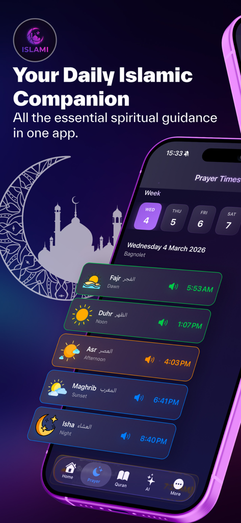 Islami - AI, Quran, Prayer - Smartphone screen displaying the Islami app prayer times feature with a purple theme and mosque background