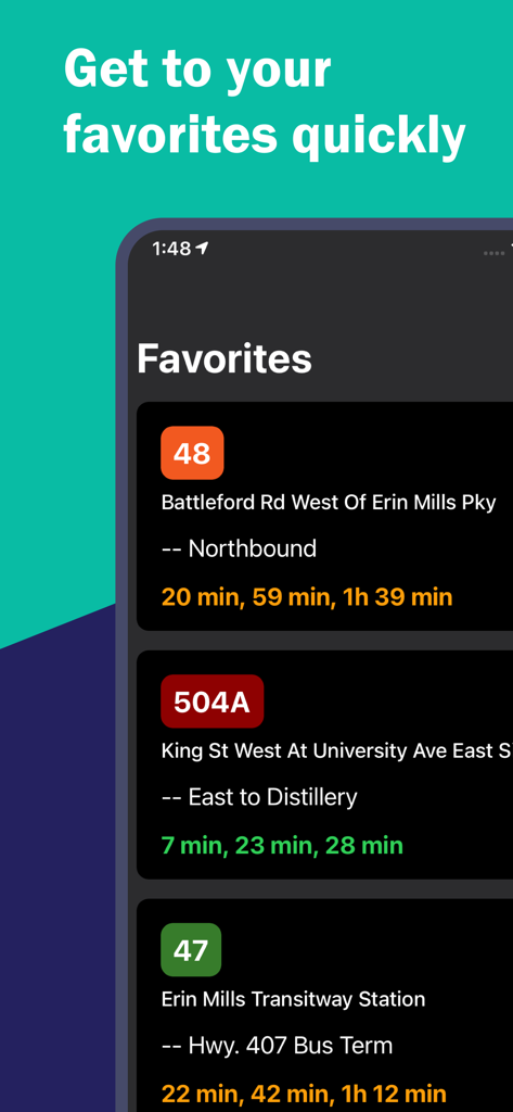 My TTC - Toronto Bus Tracker - Screenshot of the My TTC app showing the favorites screen with real-time arrival times for various transit stops in Toronto