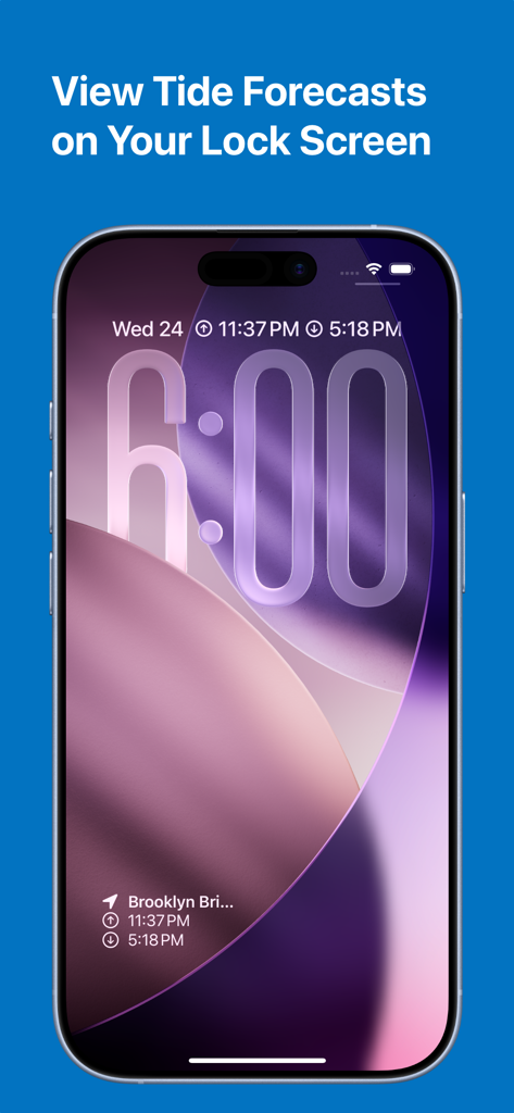 Tides - high and low tide info - Widgets de pronóstico de mareas mostrados en la pantalla de bloqueo de un iPhone que muestran horarios de mareas altas y bajas