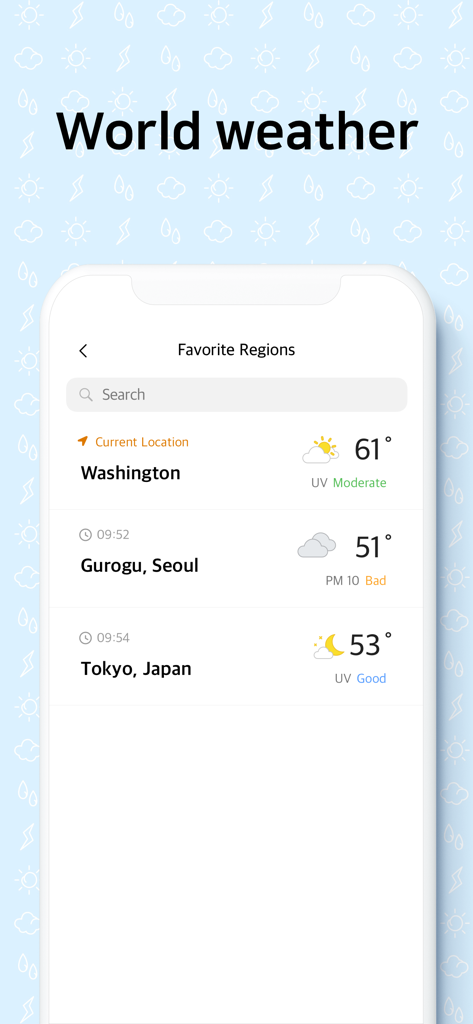 Una interfaz de aplicación móvil que muestra una lista de ciudades favoritas con su clima y temperaturas actuales.