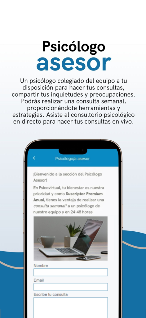 Psicovirtual - Psicovirtualアプリのモバイル画面、プロフェッショナルな心理学者アドバイザーの相談フォームを表示