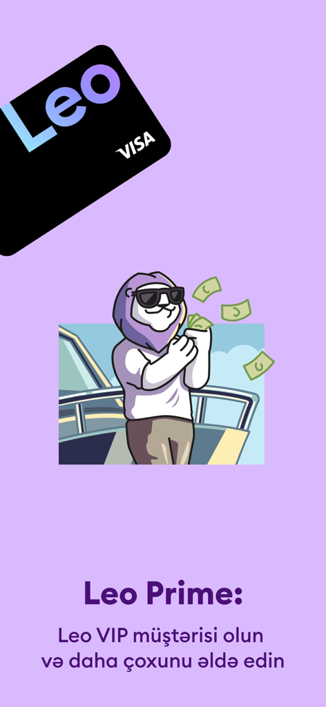 Leobank Leo Prime screen showing a black VIP credit card and a lion mascot on a yacht