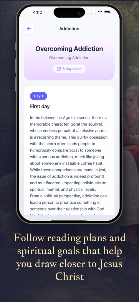 Book of Mormon・The Scriptures - Uma tela de aplicativo móvel mostrando um plano de leitura espiritual para superar o vício.