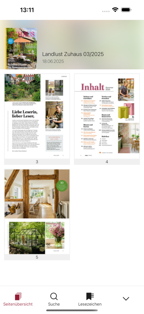 Landlust - A preview of the Landlust Zuhaus digital magazine app showing pages about gardening, interior design, and DIY projects.