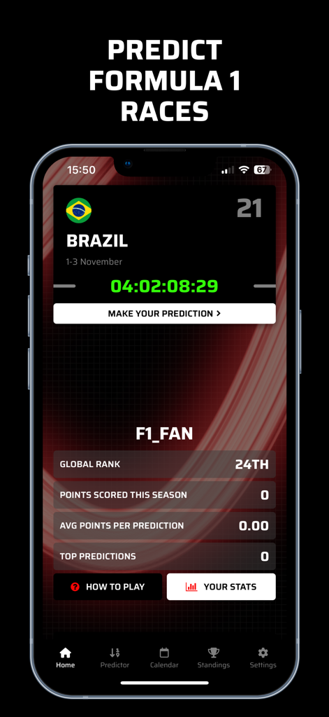 Gridlock: Race Predictions App - Tela inicial do aplicativo Gridlock mostrando uma contagem regressiva para o Grande Prêmio do Brasil e estatísticas de corrida do usuário.