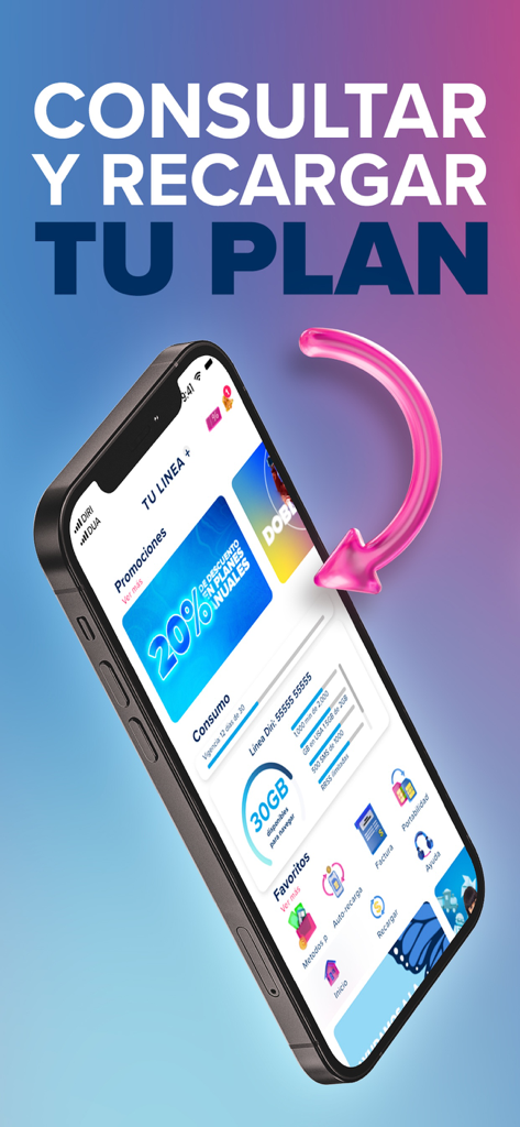 iPhone上のDiriアプリのモバイルインターフェースで、スペイン語でのデータ消費量とプランチャージオプションが表示されています