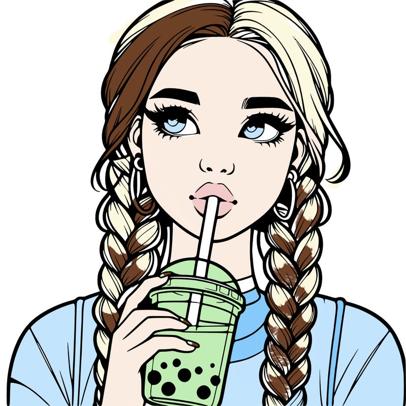 realistic girl with braided hair drinking boba