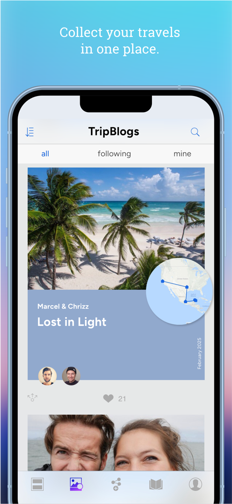 Tripmii - Travel Diary - Tripmii mobile app interface showing a travel diary feed with photos and an itinerary map.