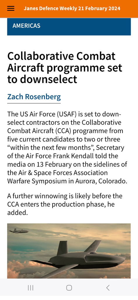 Janes Defence Weekly article about the US Air Force Collaborative Combat Aircraft programme featuring a stealth drone illustration
