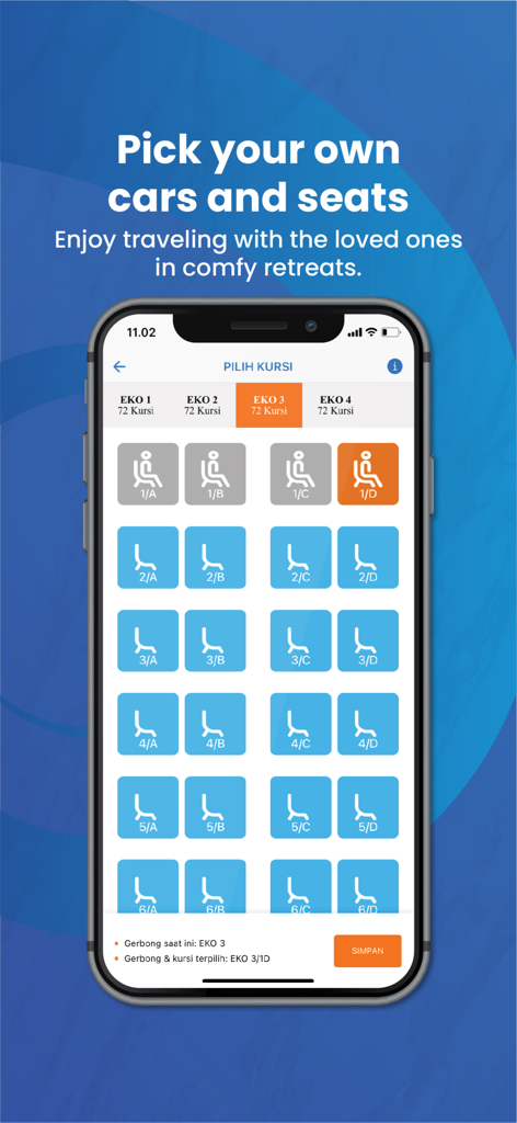 Tiket Kereta Api Online - Pantalla de una aplicación móvil mostrando el mapa de asientos y el proceso de selección para billetes de tren de Indonesia