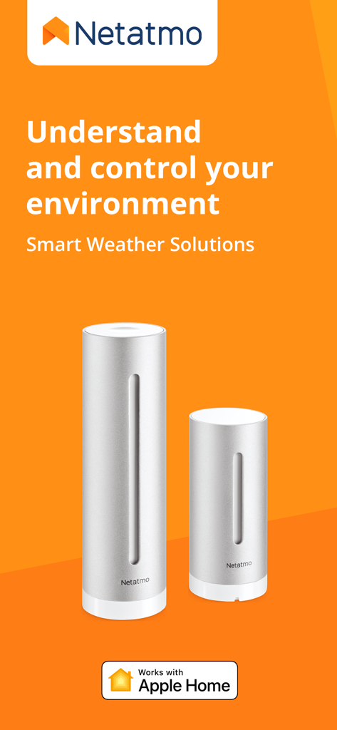 Netatmo Weather - オレンジ色の背景に、2つの円筒形のシルバーのNetatmoスマートウェザーステーションセンサーとApple Homeロゴ。
