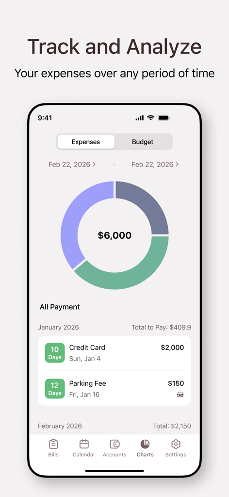 Bills Organizer App - A dashboard view of the Bills Organizer App showing a donut spending chart and a list of monthly expenses including credit card and parking fees